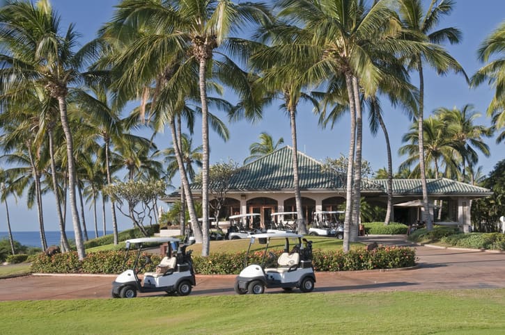 Golf carts parked in front of a country club.